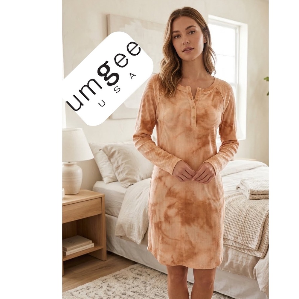 Umgee USA Peach Tan Tie Dye Ribbed Henley Dress Long Sleeve M5214 Size Large NWT